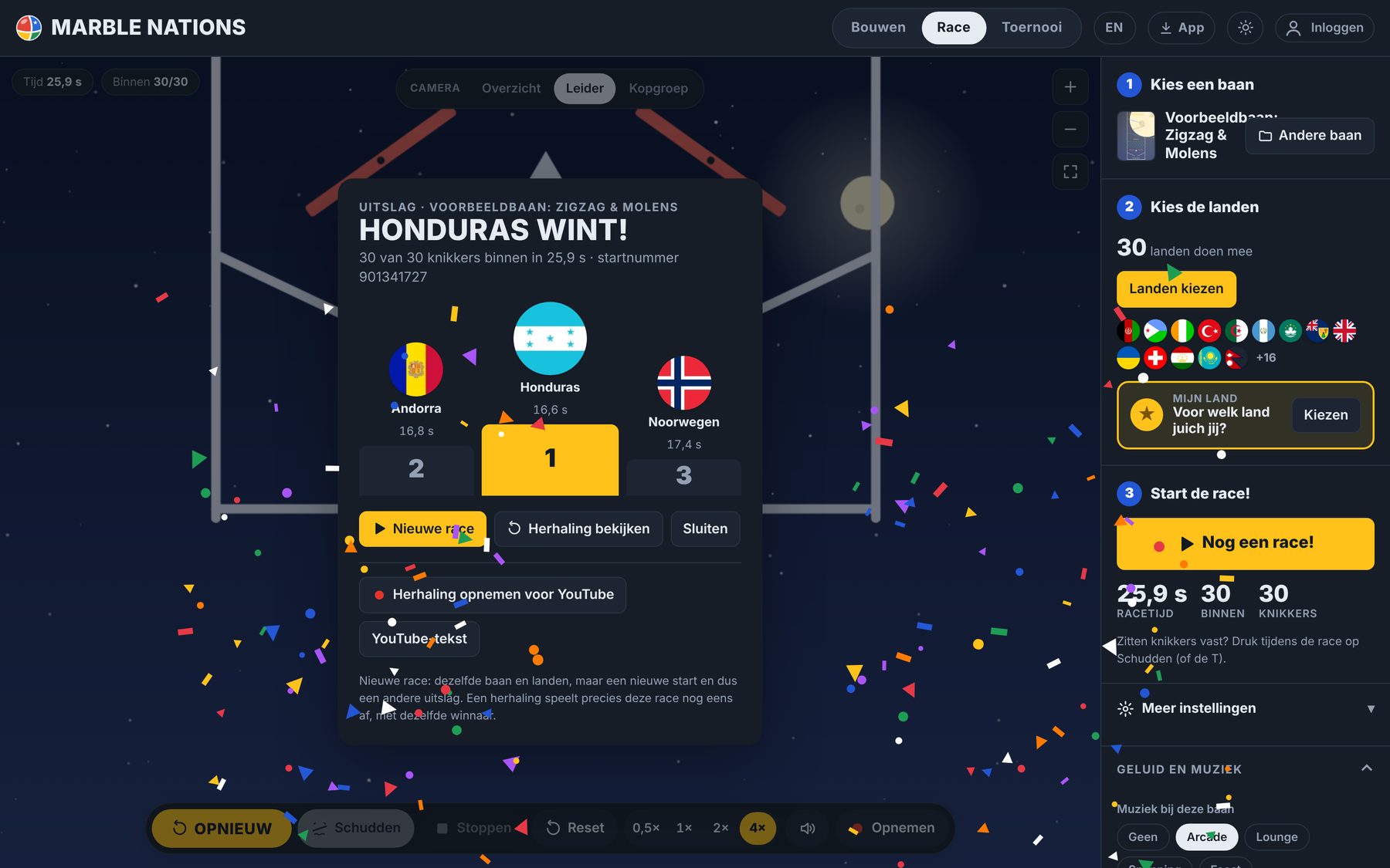 De uitslag van een race met een podium voor de top drie en confetti